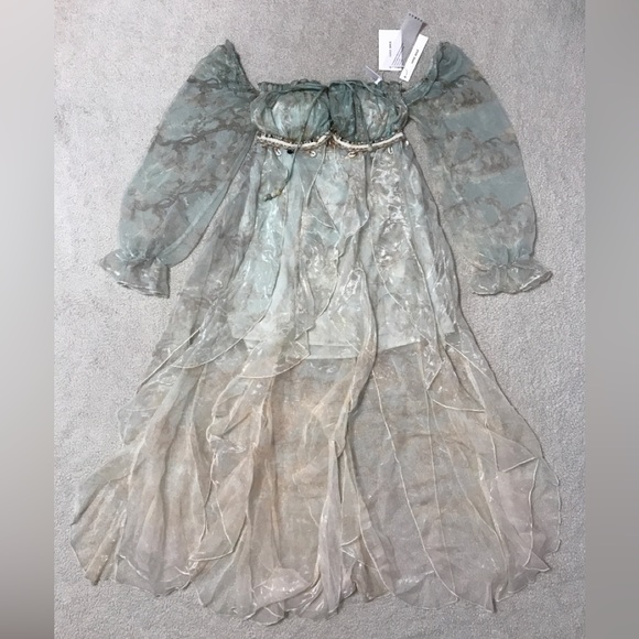 Fairy Goddess Off Shoulder Dress Chiffon Ruffles Green - Picture 1 of 16